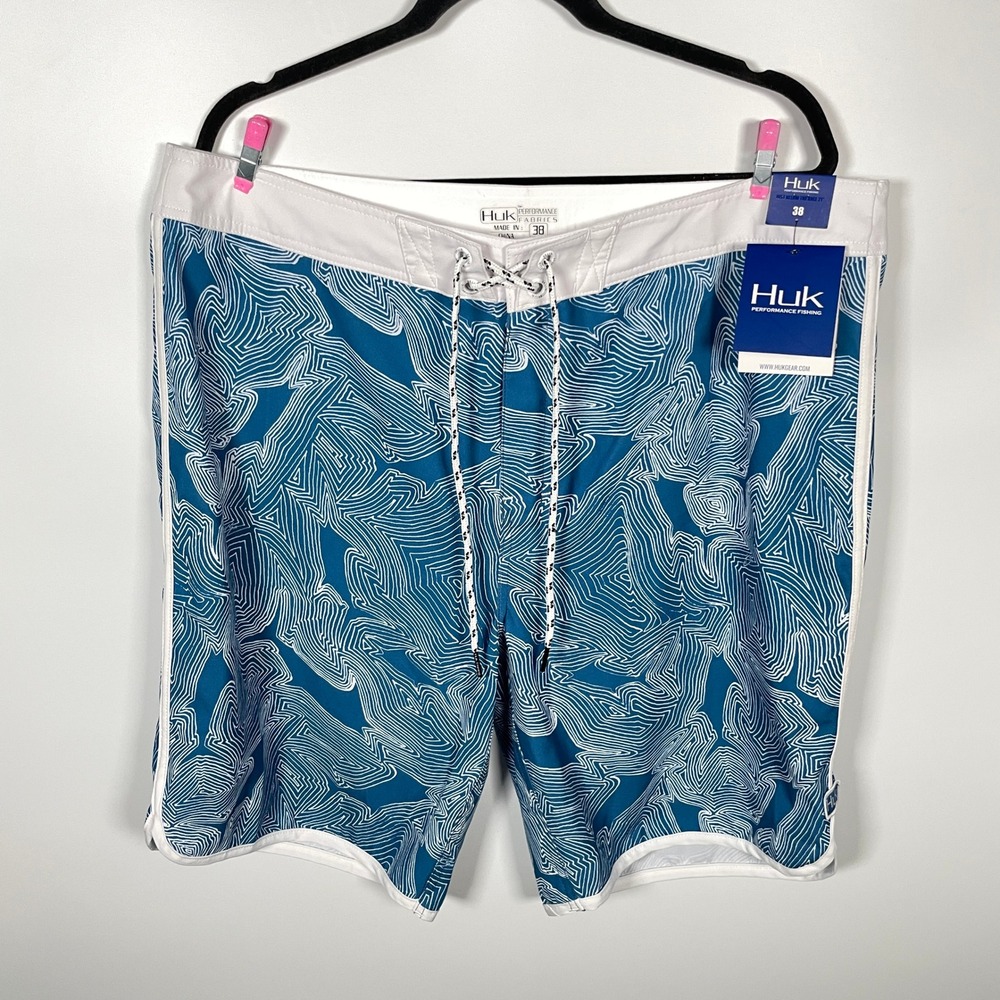 Huk Performance Fishing Boardshorts Blue White Topographic Print Mens 38 NWT